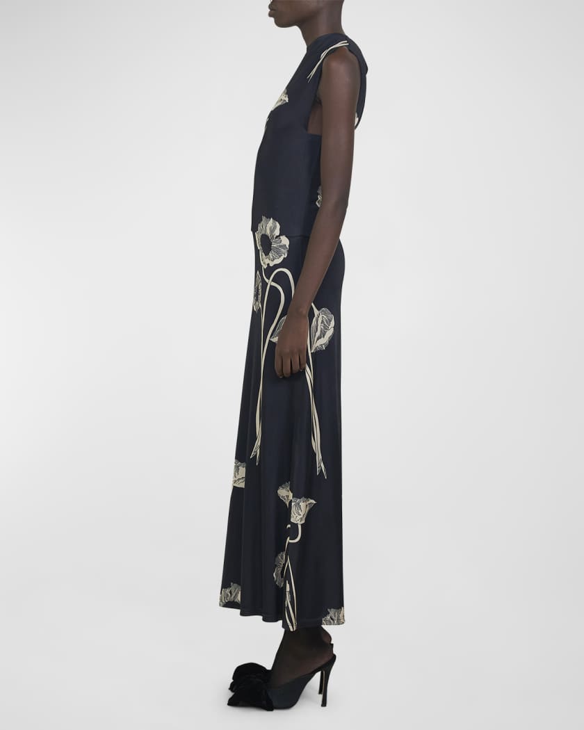 Oriental Chronicles Poppy-Print Sleeveless Ankle Dress