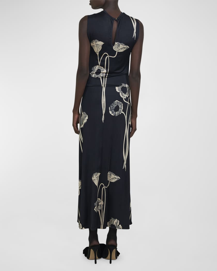 Oriental Chronicles Poppy-Print Sleeveless Ankle Dress