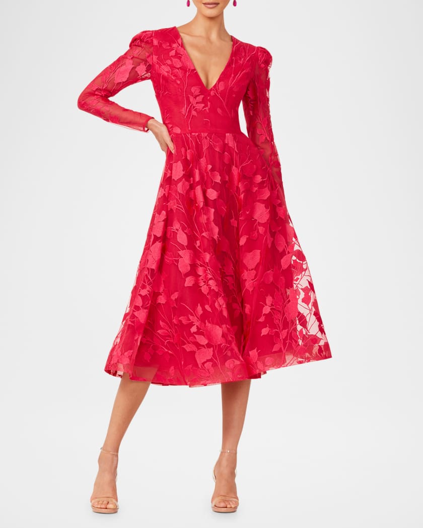 Parker Long-Sleeve Embroidered Leaf Midi Dress