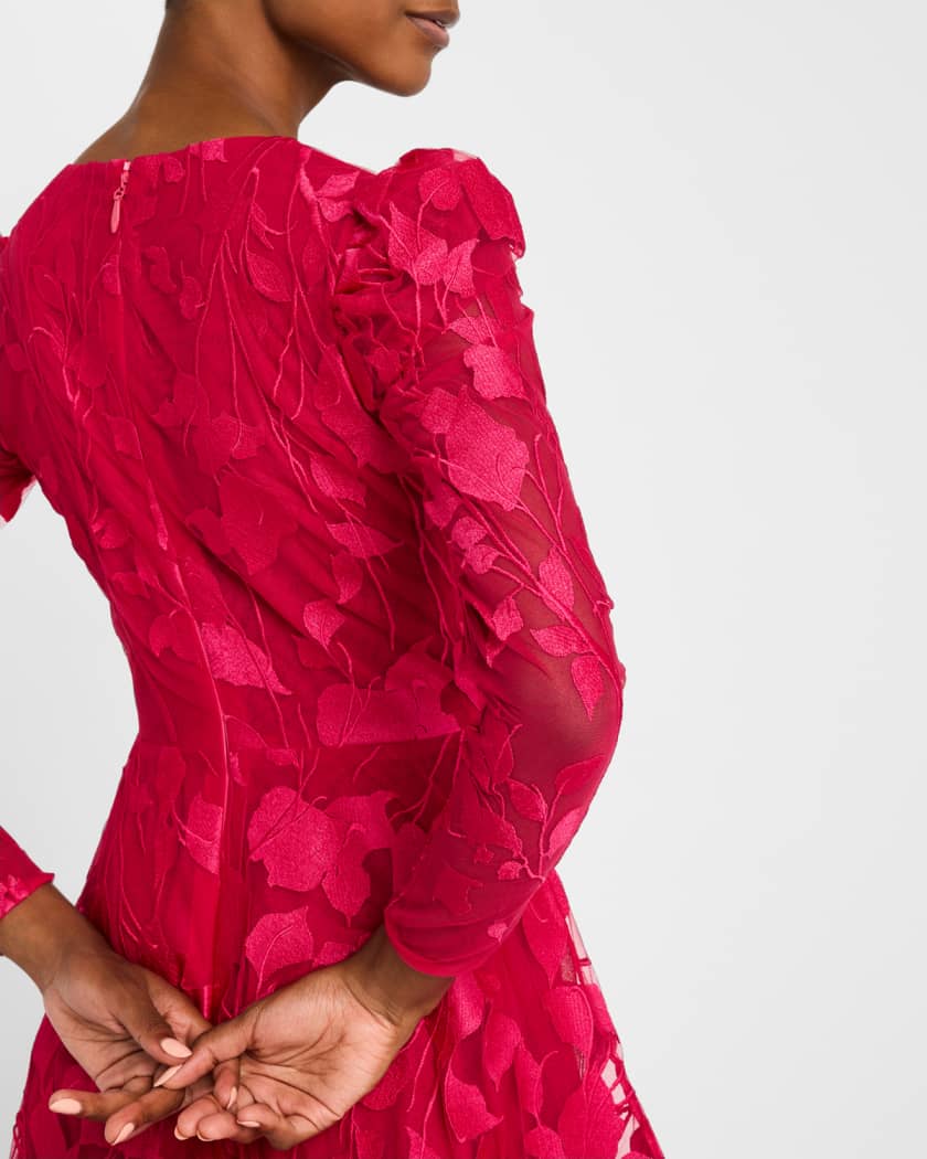 Parker Long-Sleeve Embroidered Leaf Midi Dress