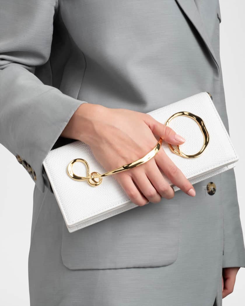 Lizard-Embossed Leather Clutch Bag with Side Handle 