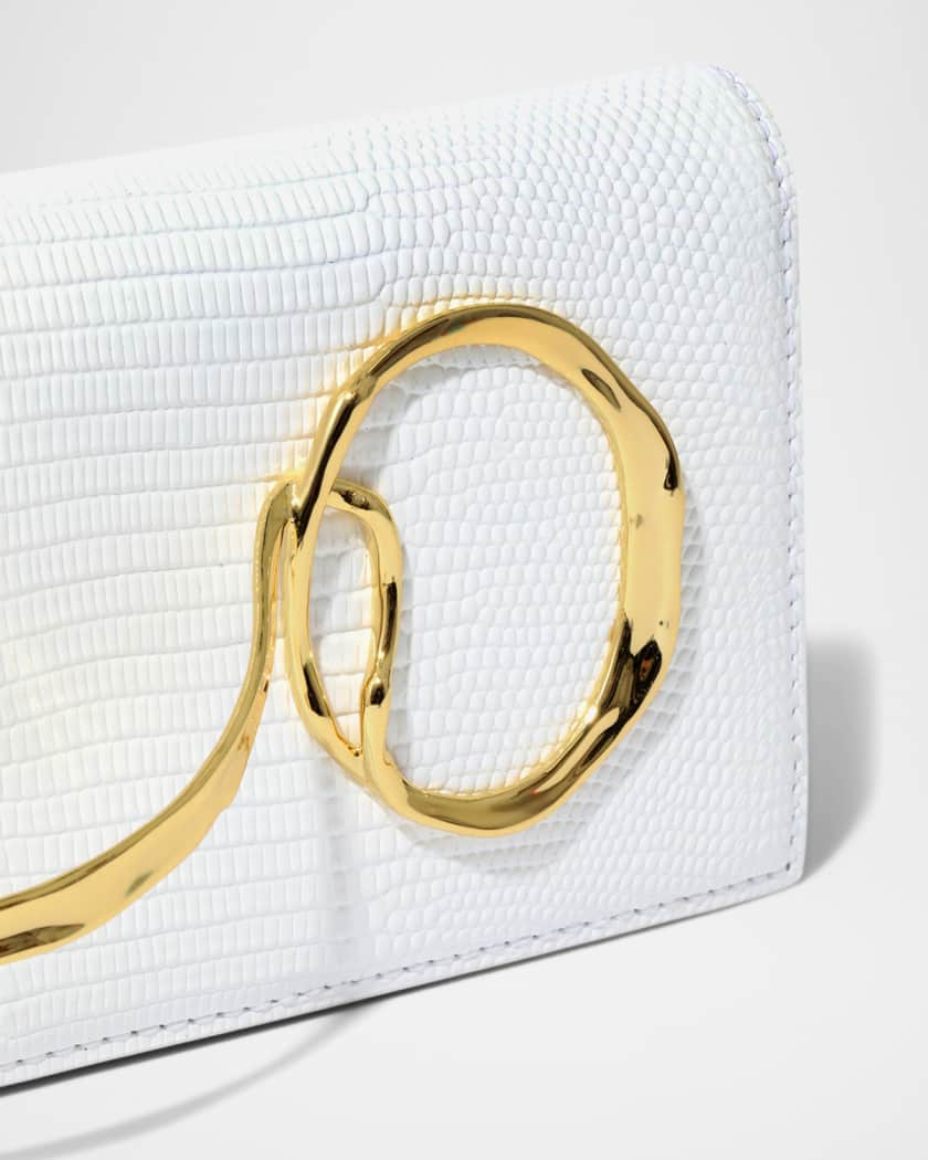 Lizard-Embossed Leather Clutch Bag with Side Handle 