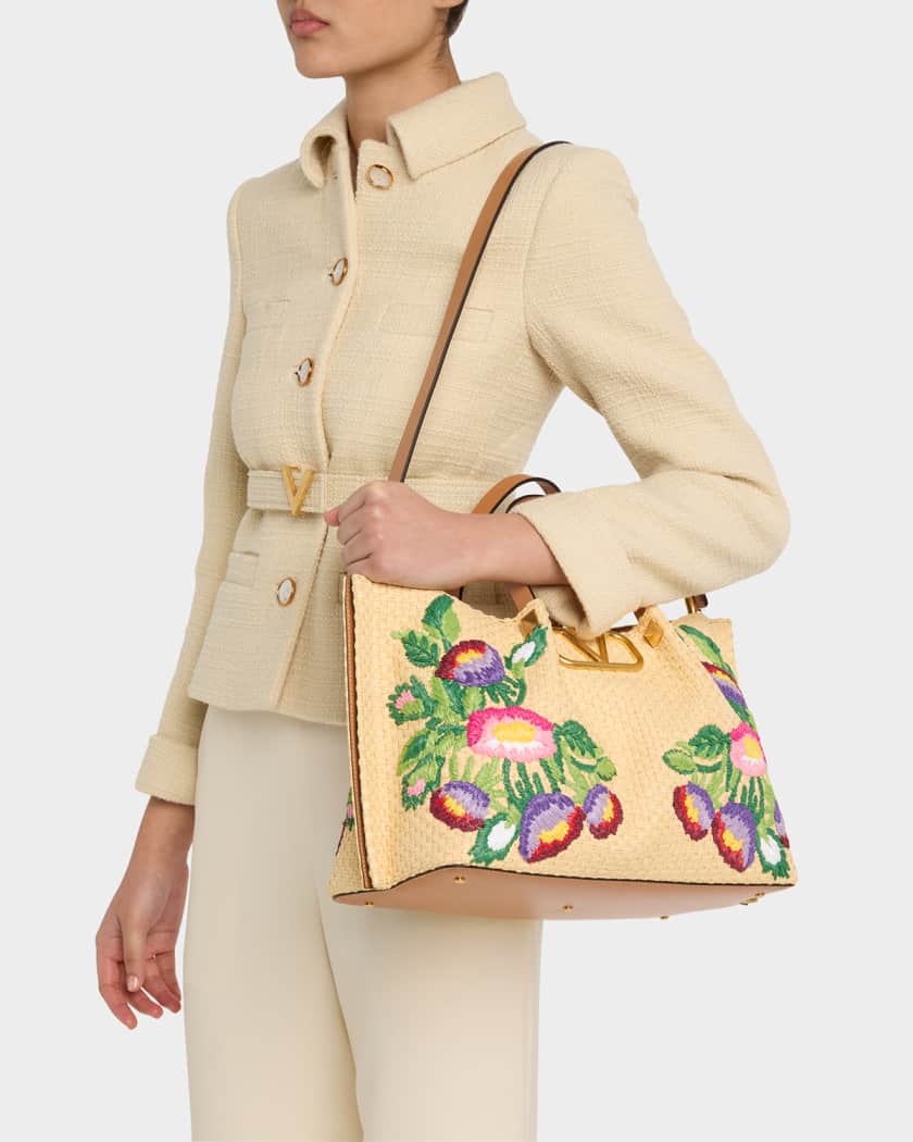 Floral Embroidered Raffia Medium Shopping Tote Bag
