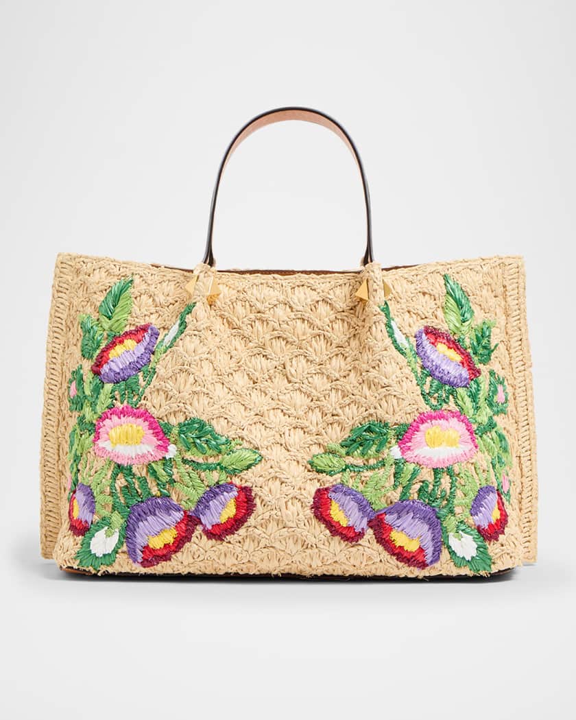 Floral Embroidered Raffia Medium Shopping Tote Bag