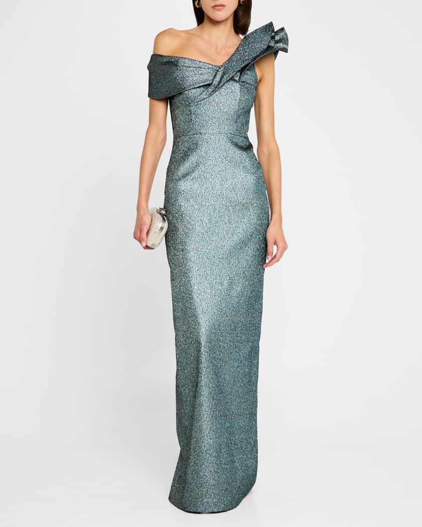 One-Shoulder Metallic Jacquard Column Gown