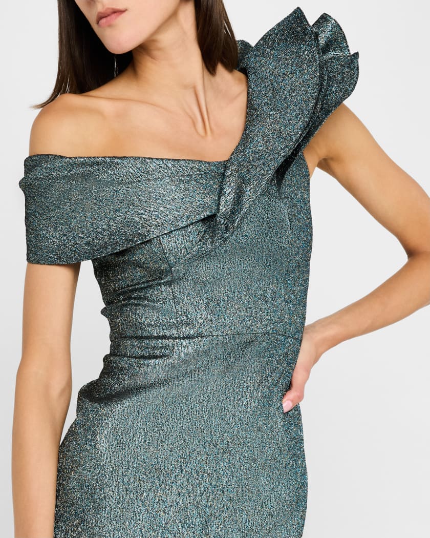One-Shoulder Metallic Jacquard Column Gown