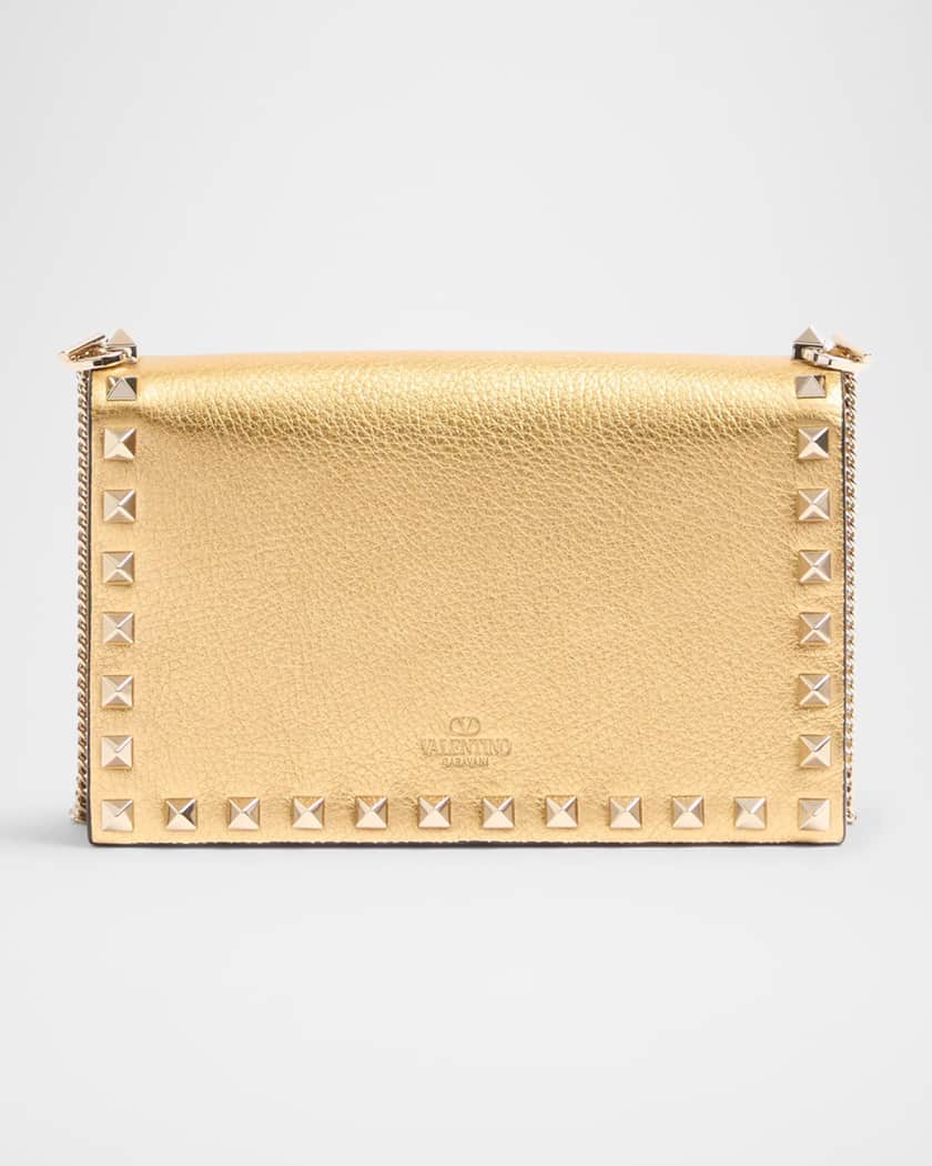 Mini Rockstud Metallic Leather Wallet on Chain
