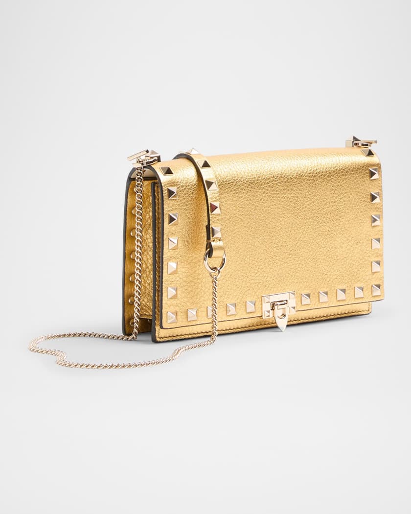 Mini Rockstud Metallic Leather Wallet on Chain
