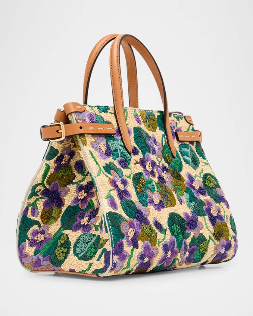 Antibes Small Violet Flower Raffia Tote Bag