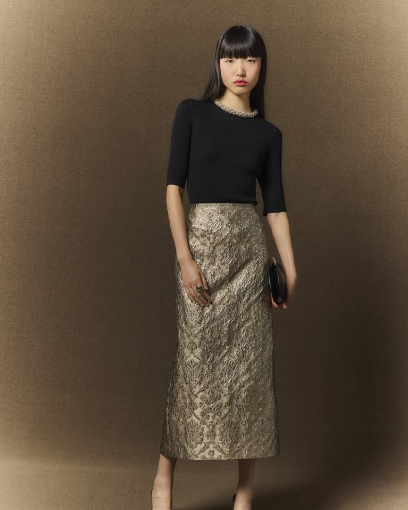 Metallic Brocade Maxi Pencil Skirt
