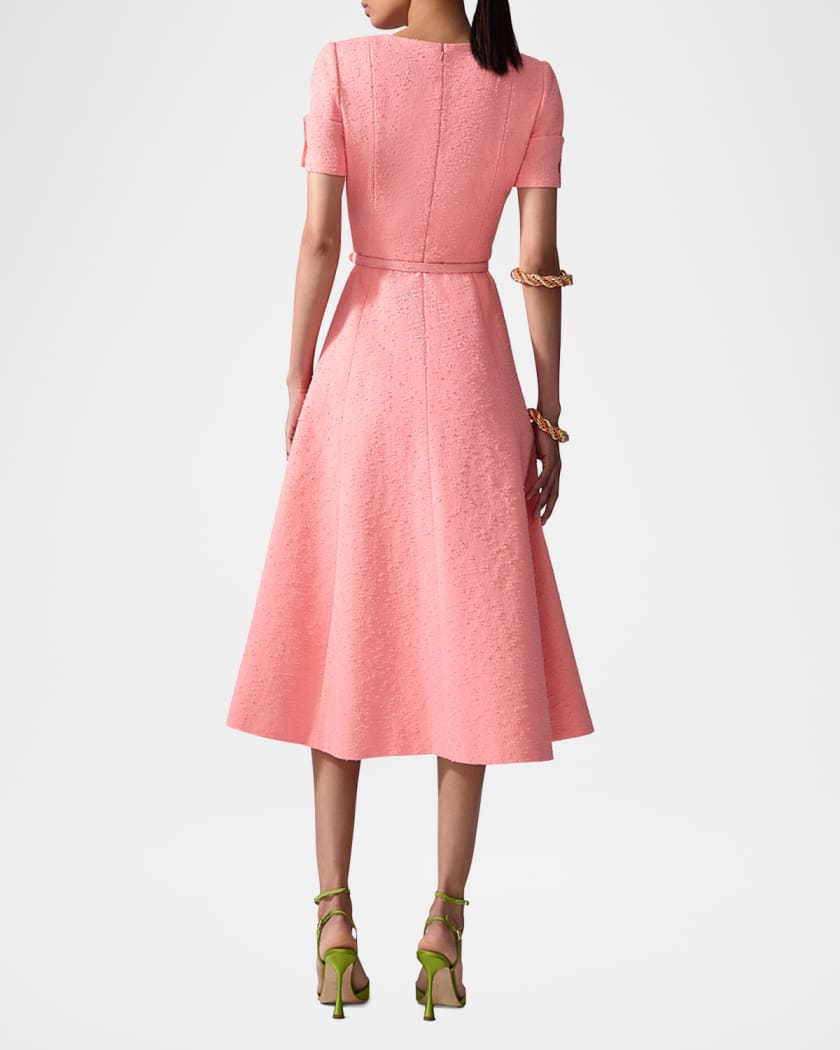 Short-Sleeve Button-Front Boucle Midi Dress With Belt