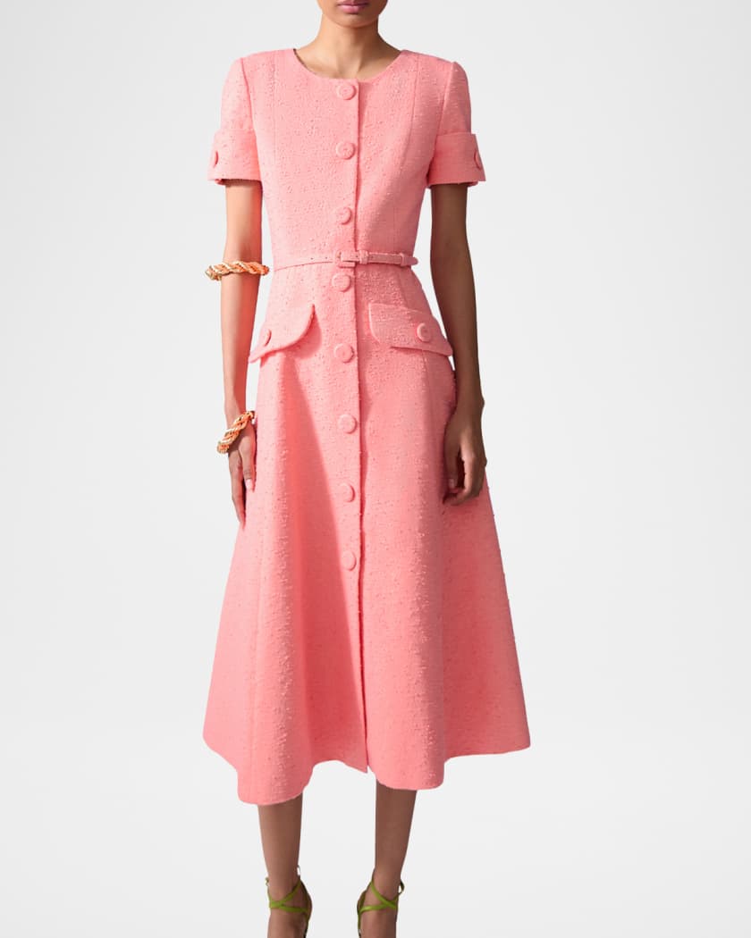 Short-Sleeve Button-Front Boucle Midi Dress With Belt