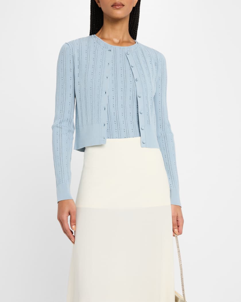 Pointelle Compact Jacquard Crewneck Crop Cardigan