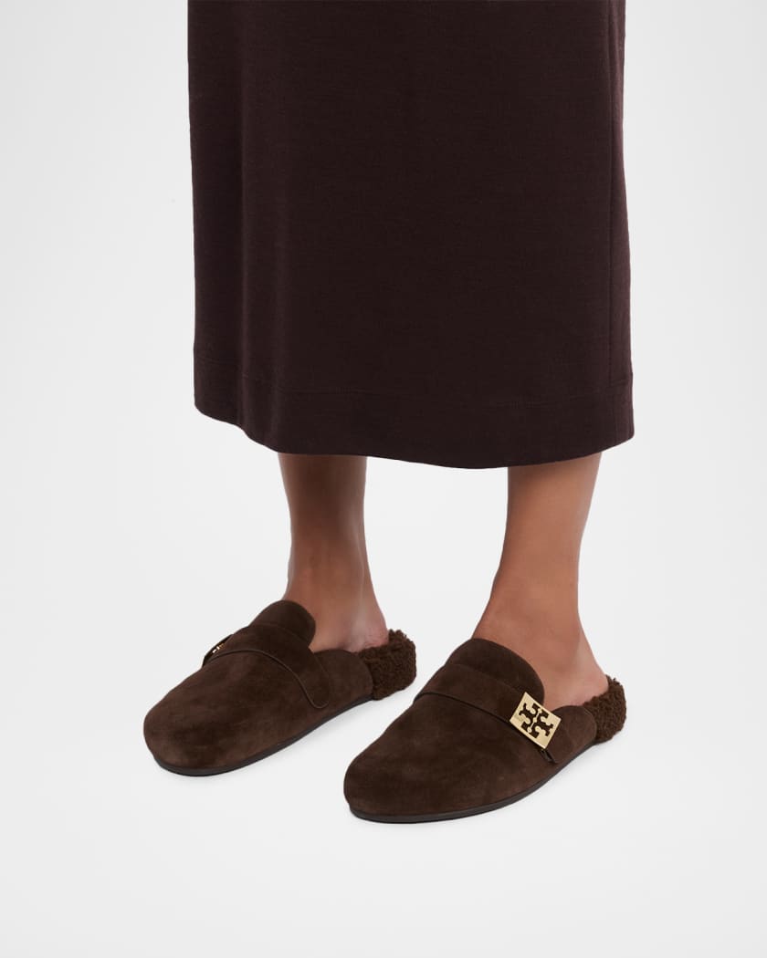 Mellow Suede Shearling Buckle Loafer Mules