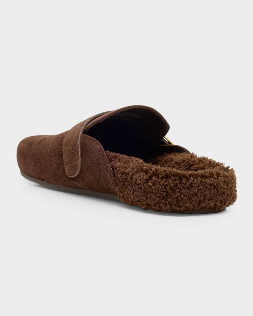 Mellow Suede Shearling Buckle Loafer Mules