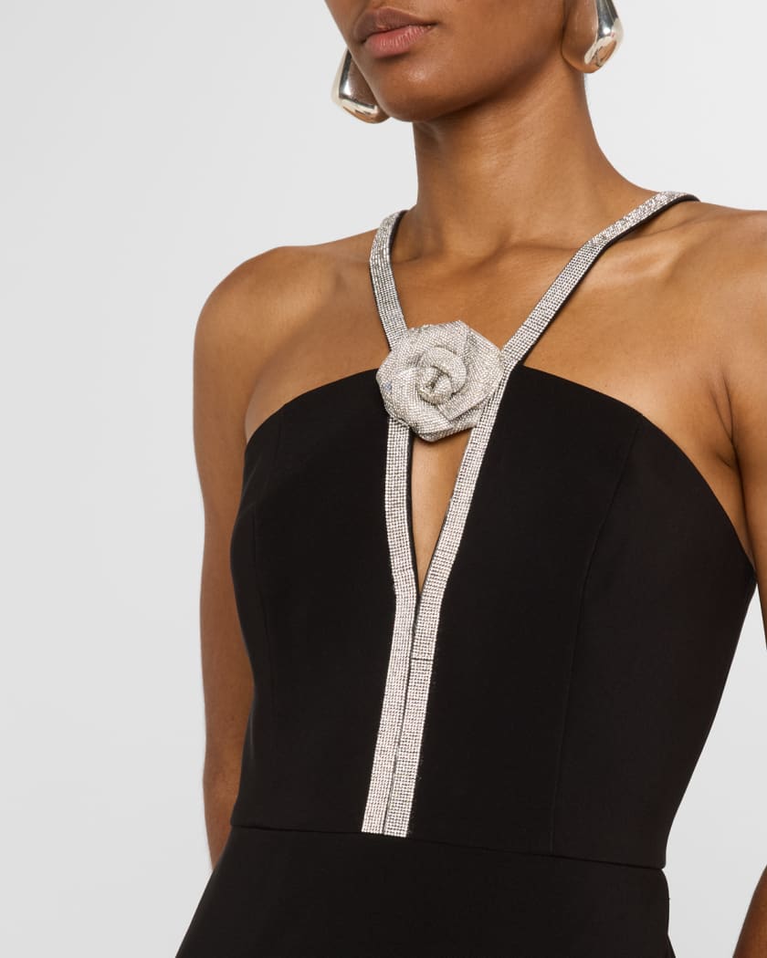Rhinestone-Trim Stretch Crepe Dress