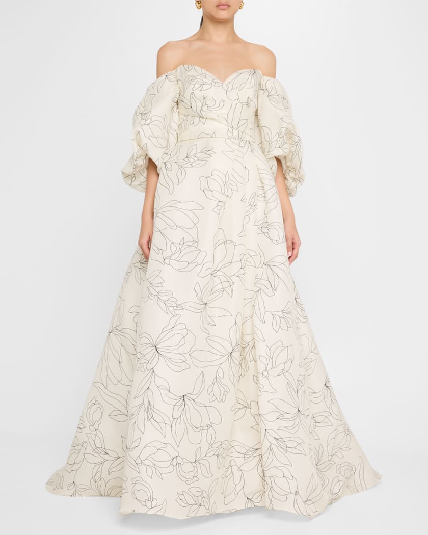 Off-The-Shoulder Floral Blouson-Sleeve Ball Gown