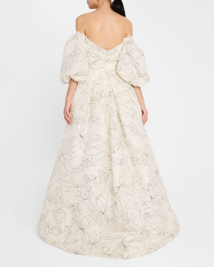 Off-The-Shoulder Floral Blouson-Sleeve Ball Gown