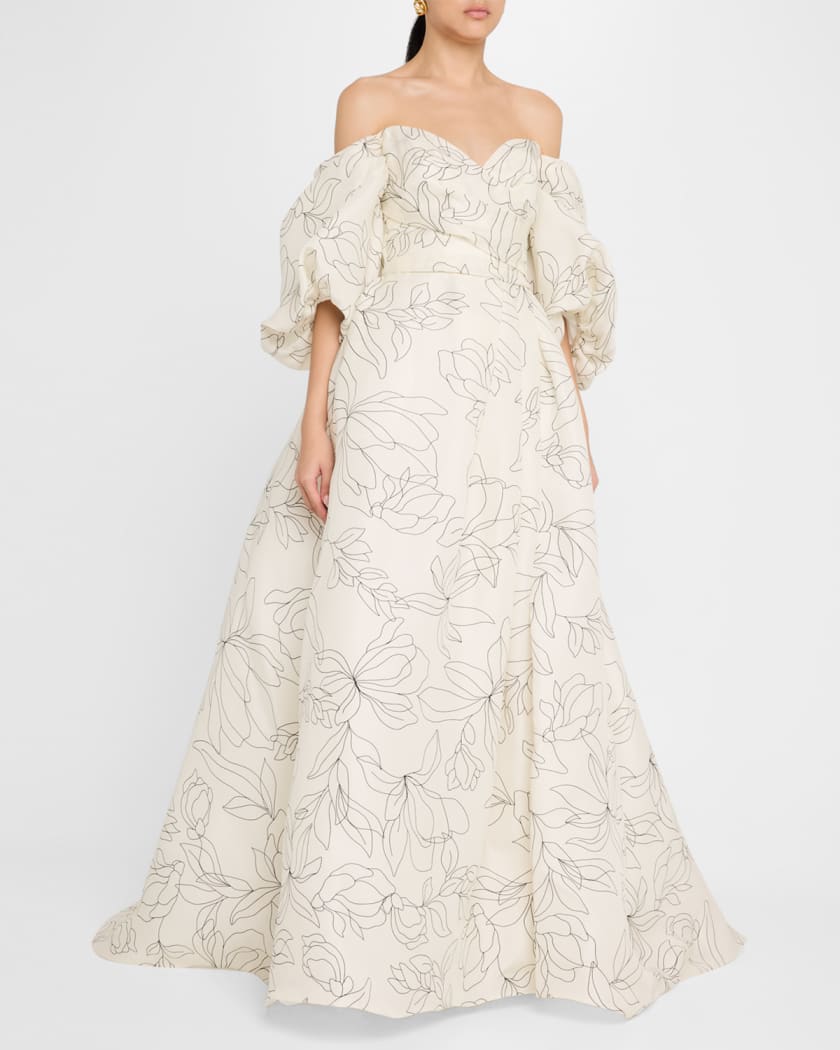 Off-The-Shoulder Floral Blouson-Sleeve Ball Gown