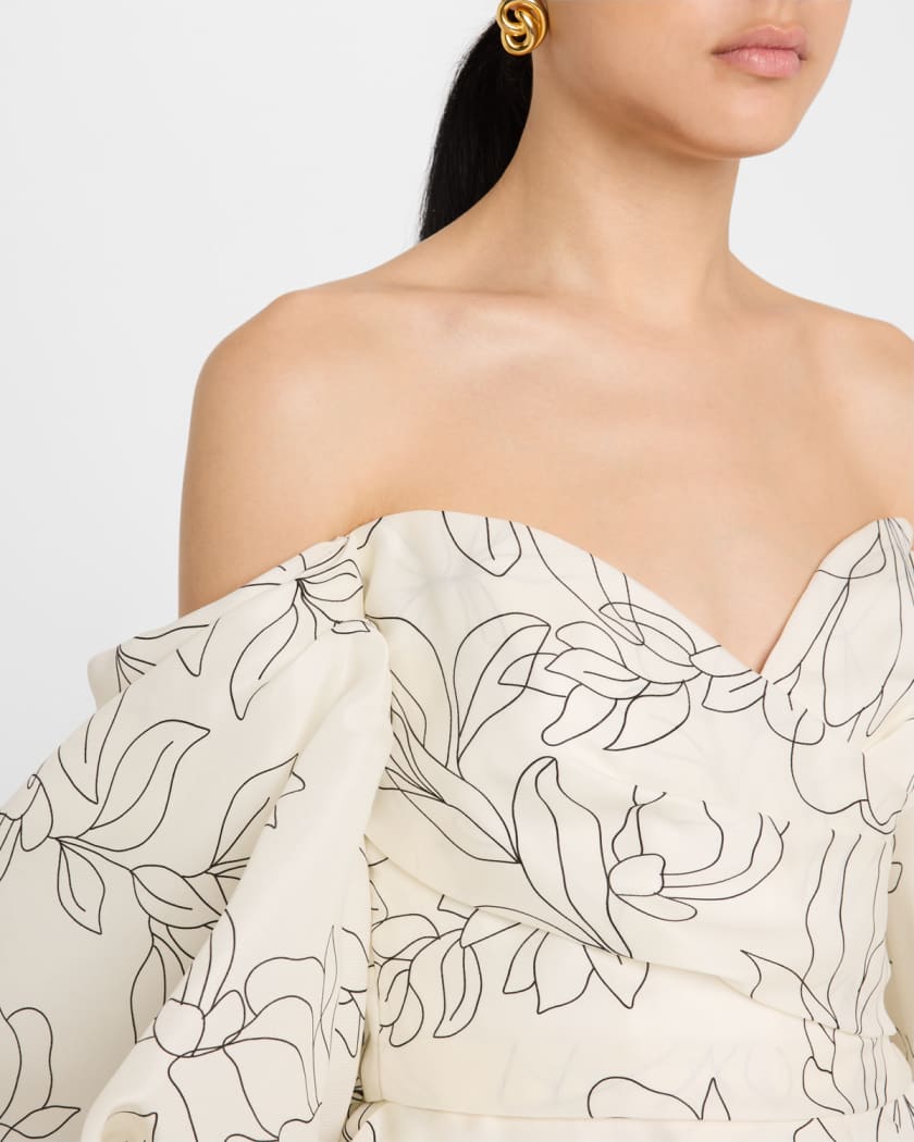 Off-The-Shoulder Floral Blouson-Sleeve Ball Gown