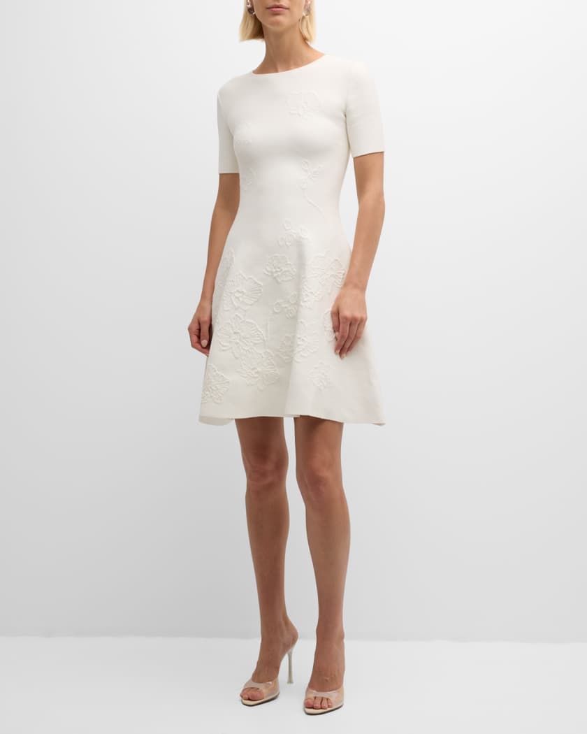 Short-Sleeve Orchid Jacquard Fit-&-Flare Mini Dress