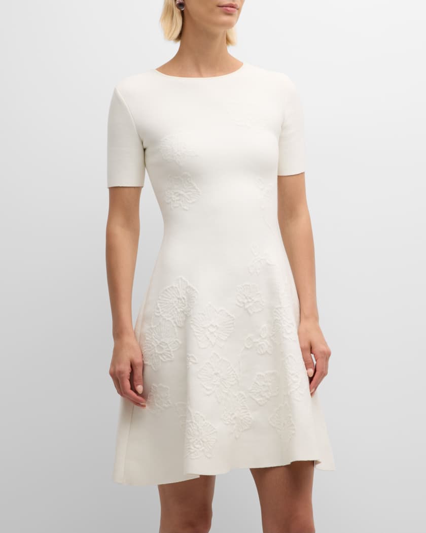 Short-Sleeve Orchid Jacquard Fit-&-Flare Mini Dress