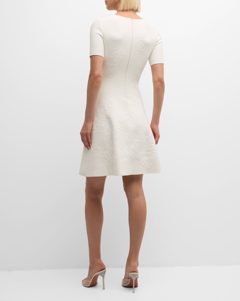 Short-Sleeve Orchid Jacquard Fit-&-Flare Mini Dress