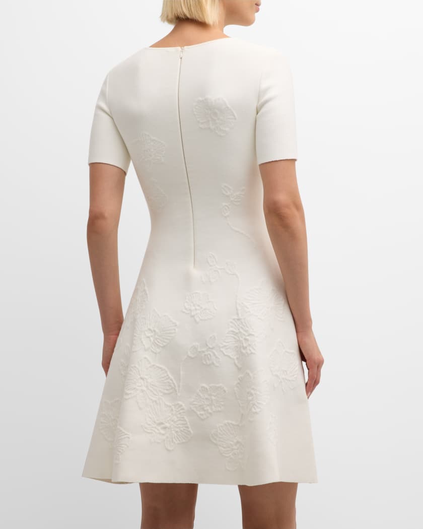 Short-Sleeve Orchid Jacquard Fit-&-Flare Mini Dress