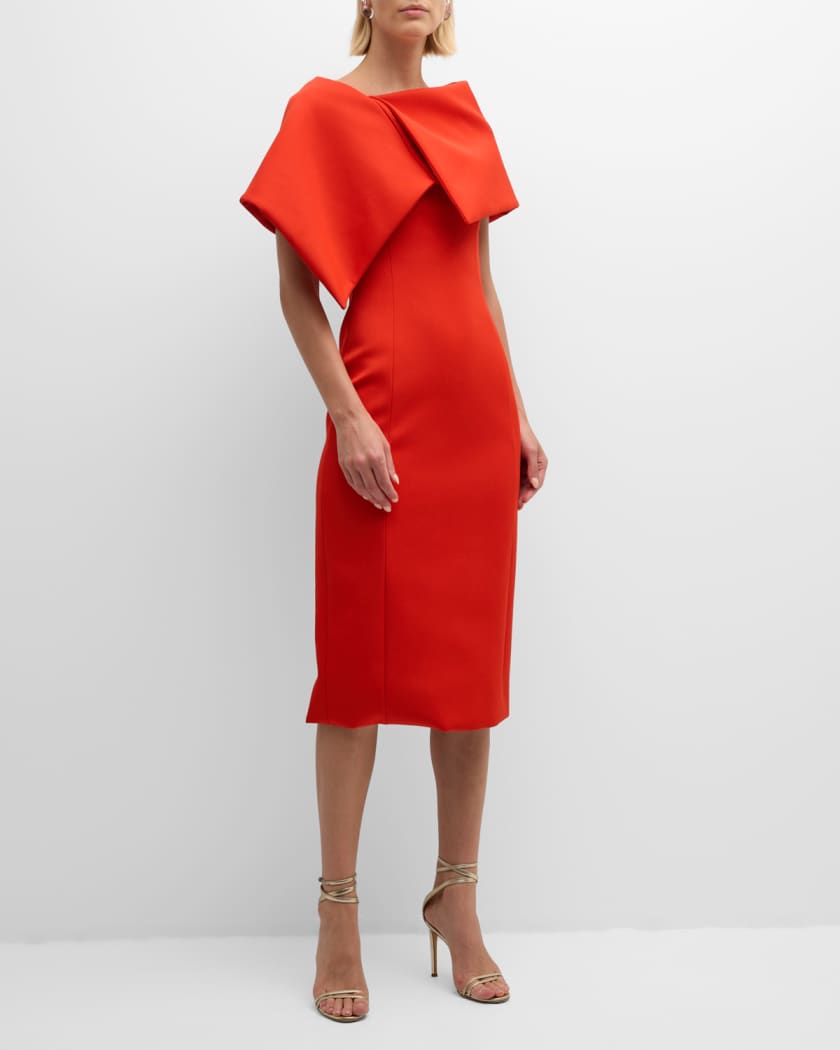 Foldover-Neck Bonded Wool Tailoring Midi Dress
