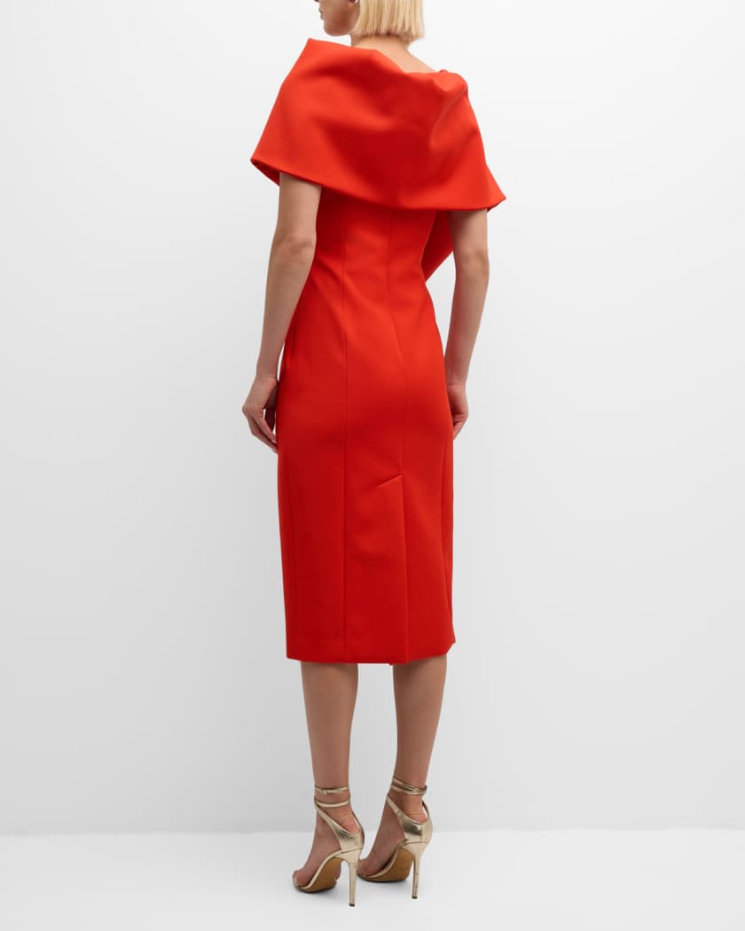 Foldover-Neck Bonded Wool Tailoring Midi Dress