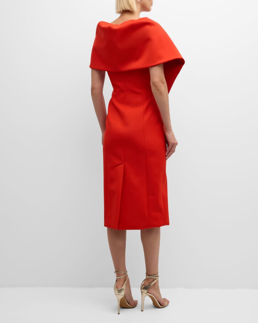 Foldover-Neck Bonded Wool Tailoring Midi Dress