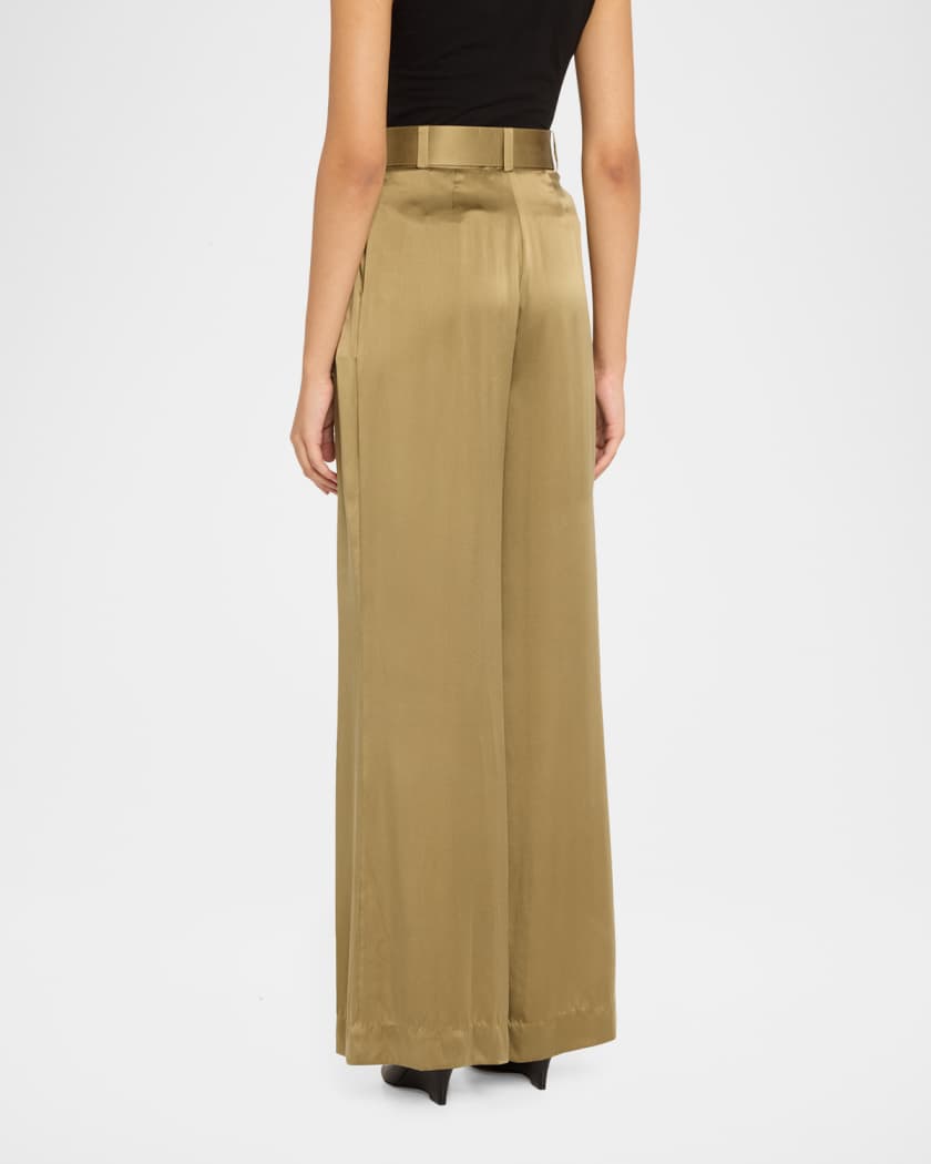 Belted Silk Tuck Pants