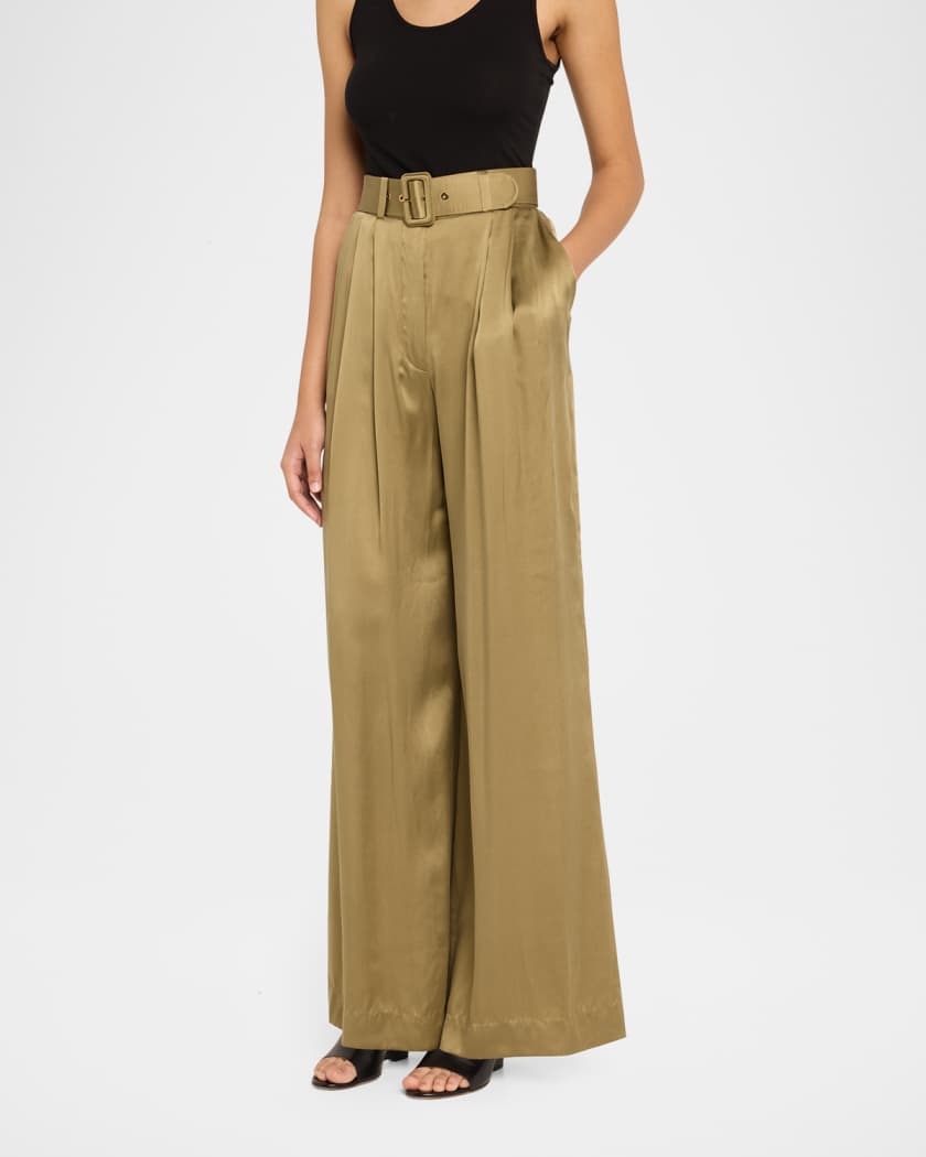 Belted Silk Tuck Pants