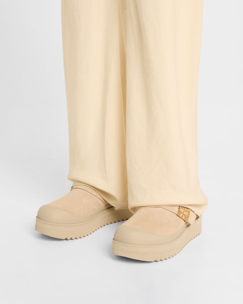 Mellow Suede Shearling Buckle Platform Loafer Mules