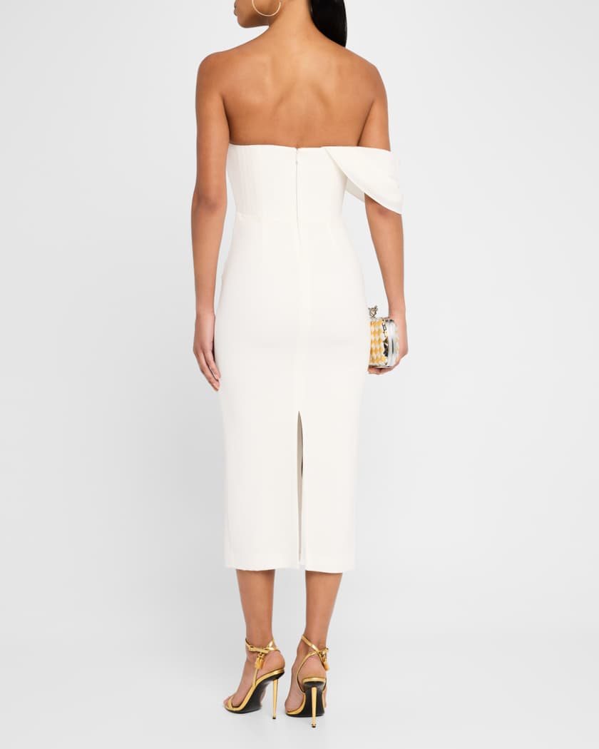 Draped-Sleeve Corset Crepe Midi Dress