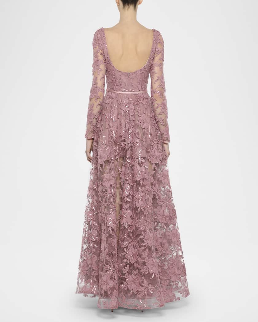 Meadow Floral Embroidered Long-Sleeve Gown