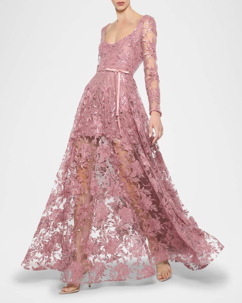 Meadow Floral Embroidered Long-Sleeve Gown