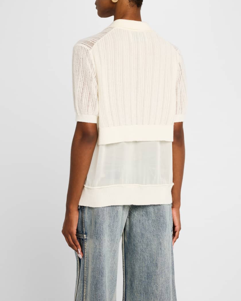 Airy Short-Sleeve Open-Knit Polo Top