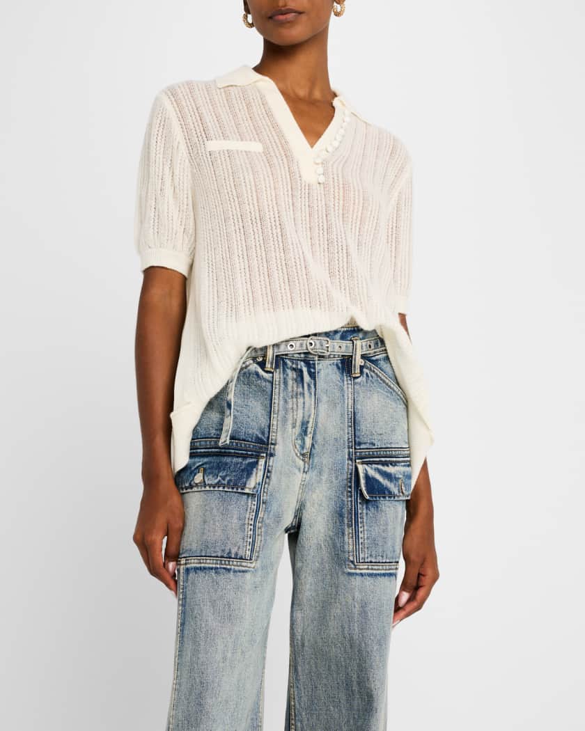 Airy Short-Sleeve Open-Knit Polo Top