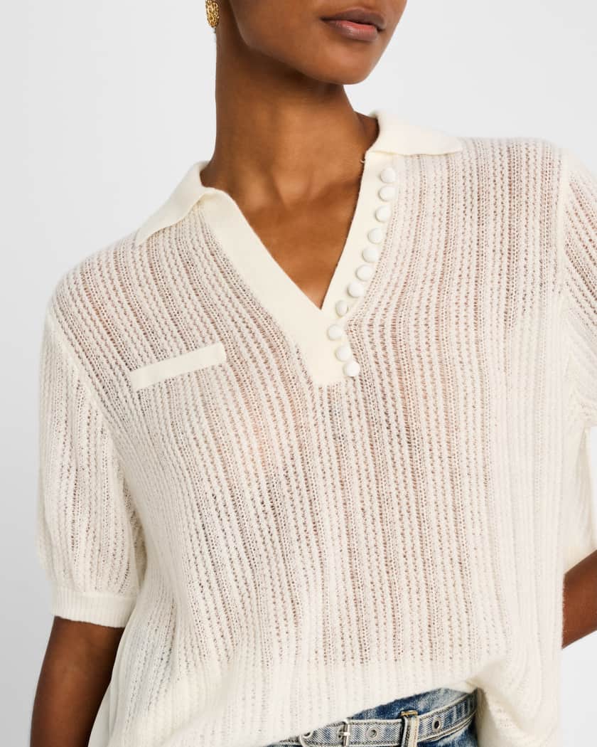 Airy Short-Sleeve Open-Knit Polo Top