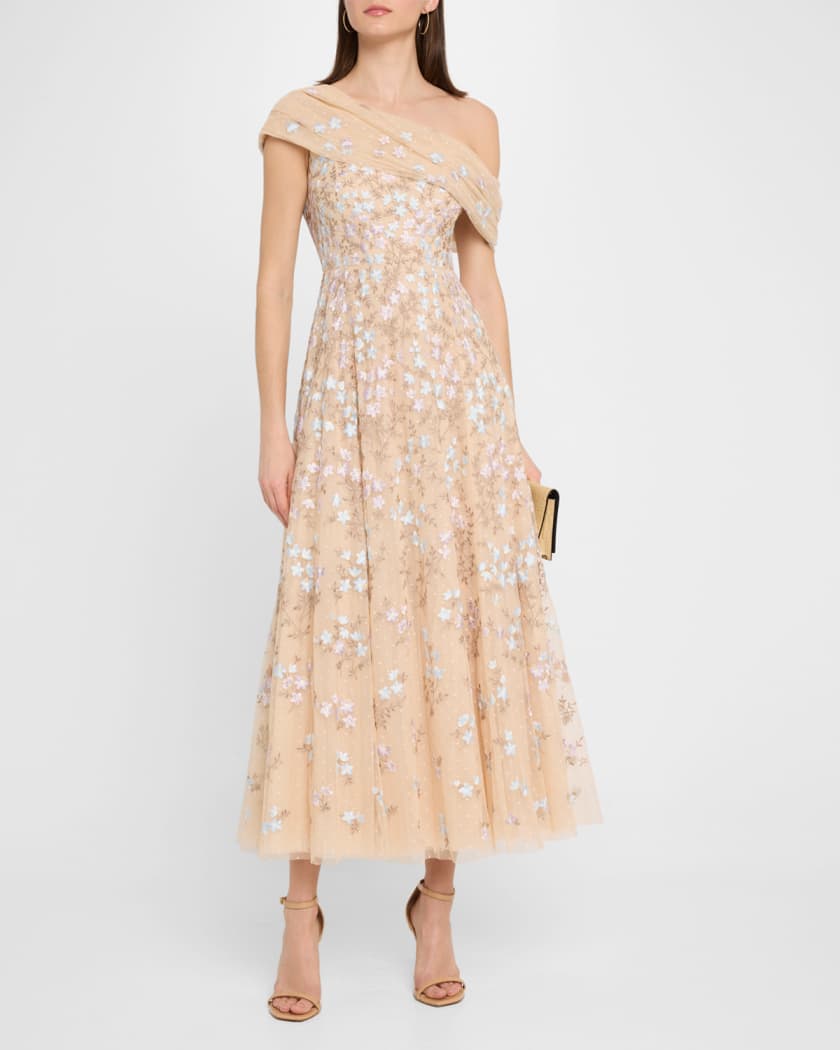 Everett Bloom One-Shoulder Embroidered Gown