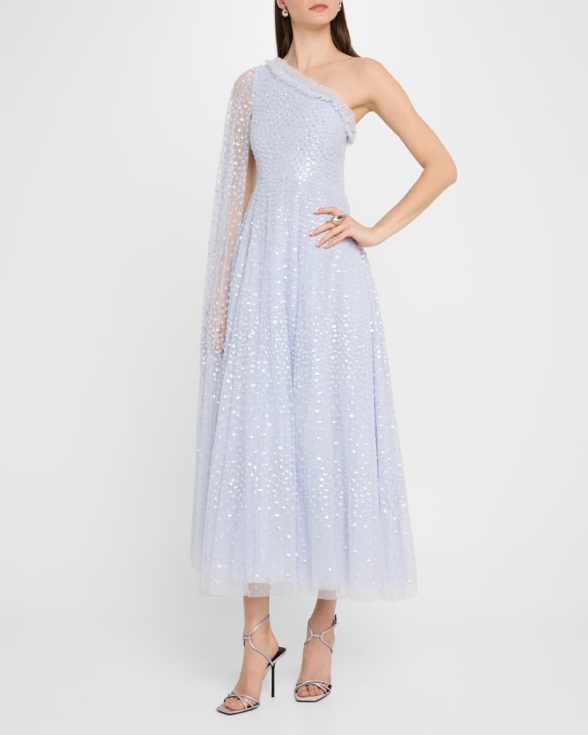 Scatter Dot One-Shoulder Sequin Ankle Gown
