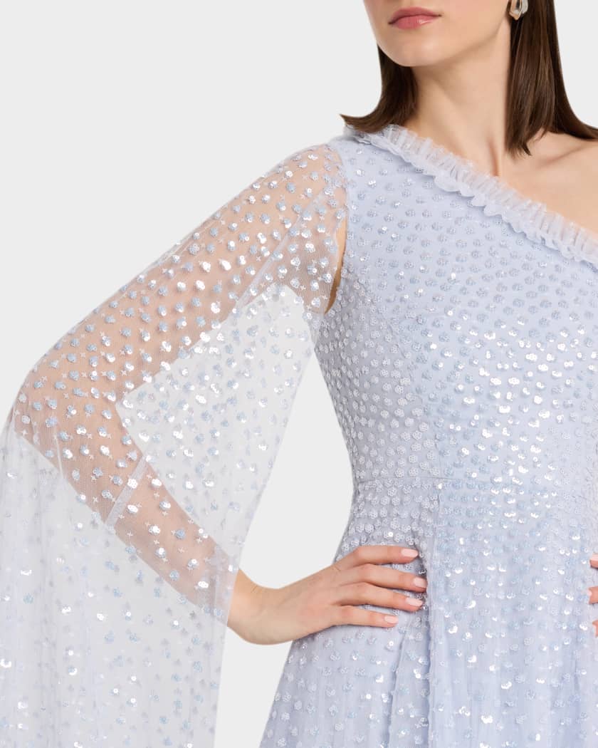 Scatter Dot One-Shoulder Sequin Ankle Gown