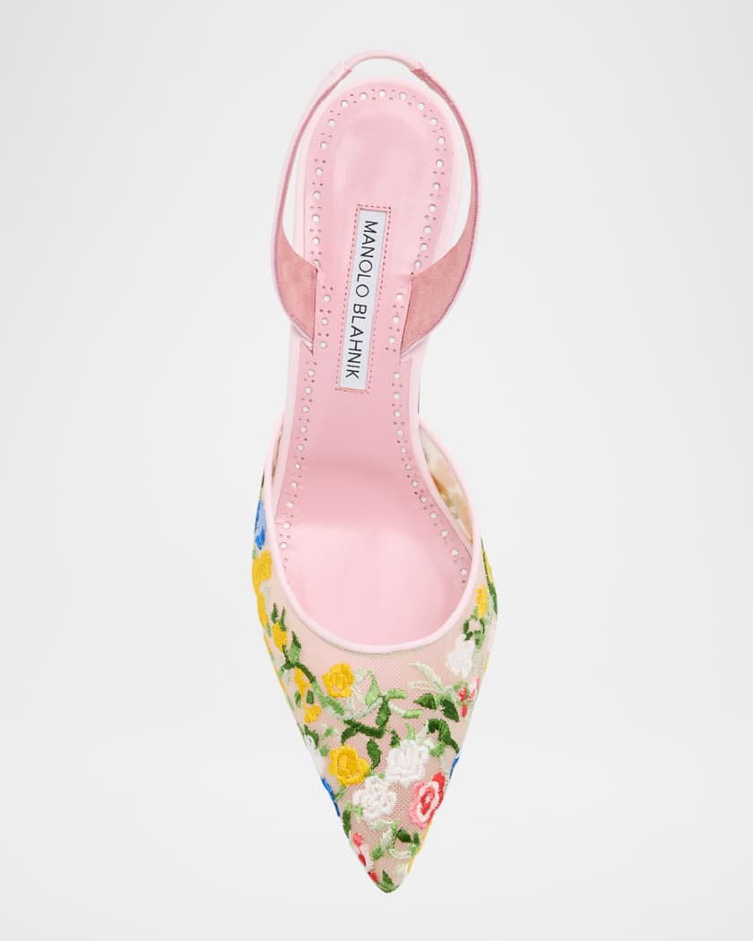 Floral Embroidered Mesh Slingback Pumps