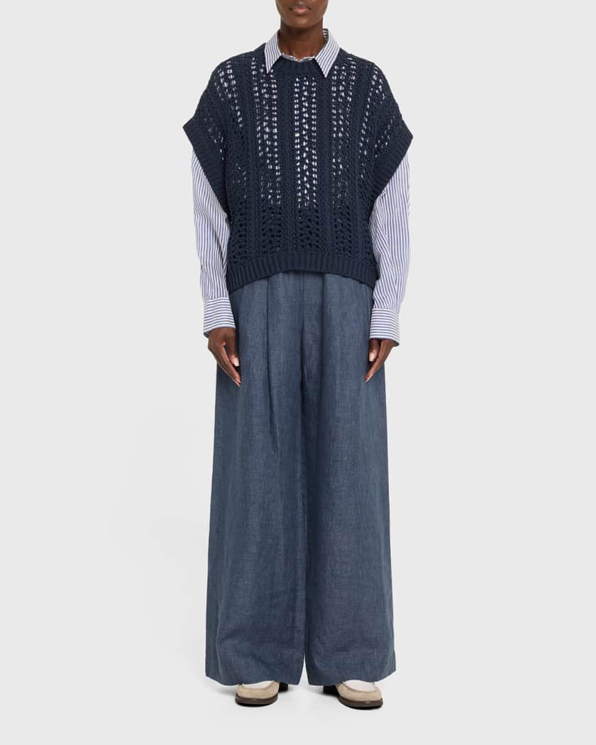 Stripe Button Down Linen Shirt with Piping Collar