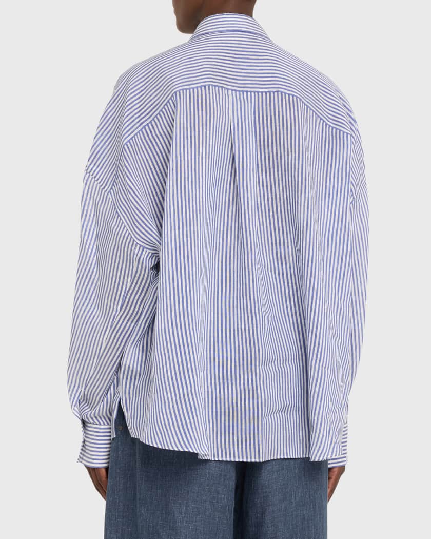 Stripe Button Down Linen Shirt with Piping Collar