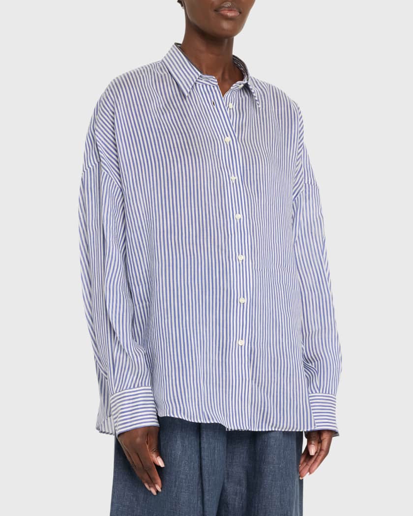 Stripe Button Down Linen Shirt with Piping Collar
