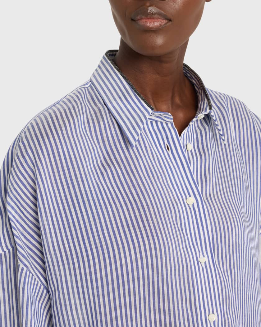 Stripe Button Down Linen Shirt with Piping Collar