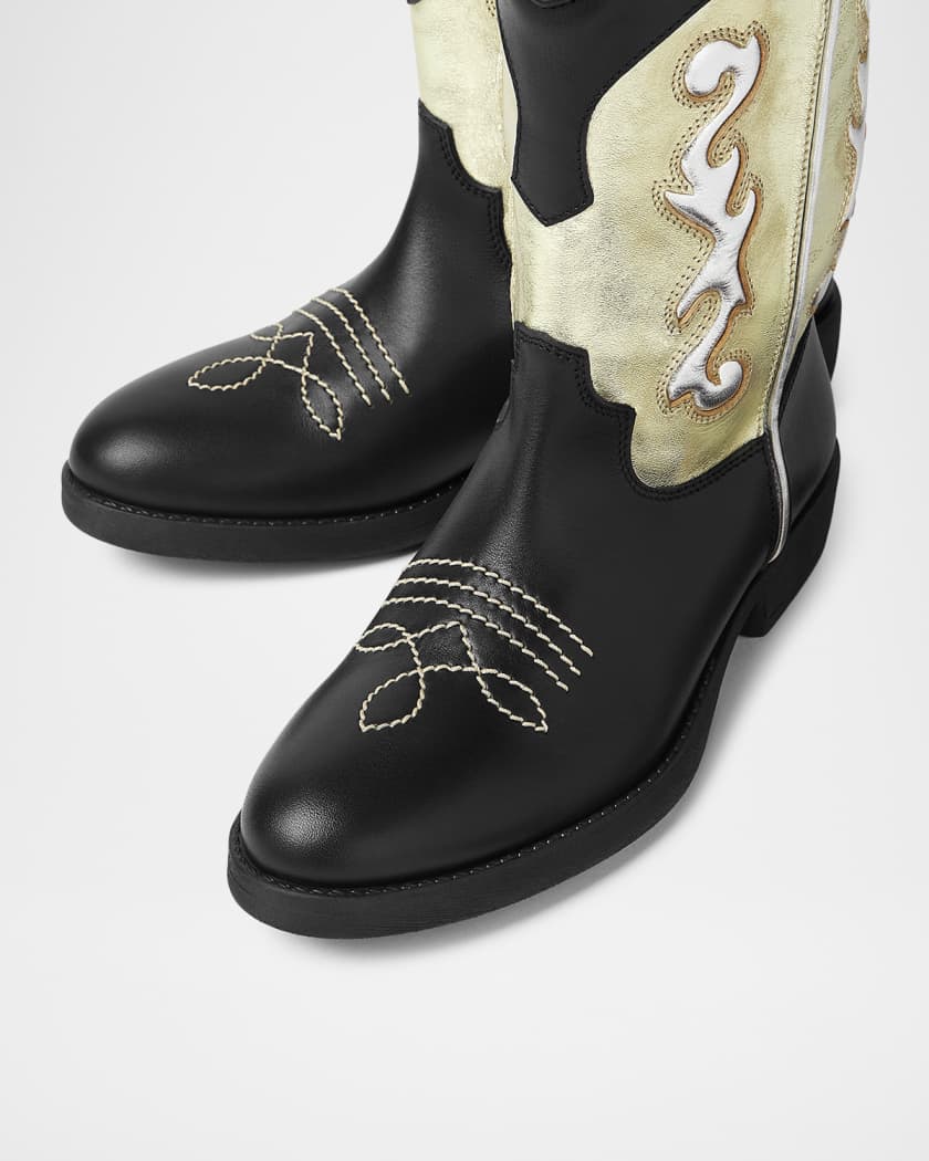 Girl's Calf Leather Laminated Embroidered Boots