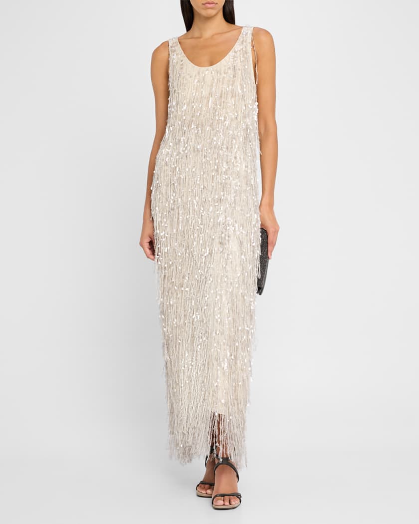 Sequin Waterfall Crispy Silk Maxi Dress